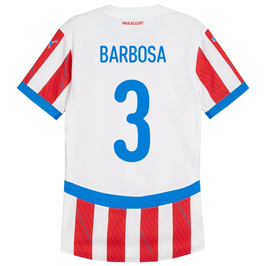 Női Paraguay Camila Barbosa #3 Fehér Piros Hazai Jersey 24-26 Mez Póló Ing