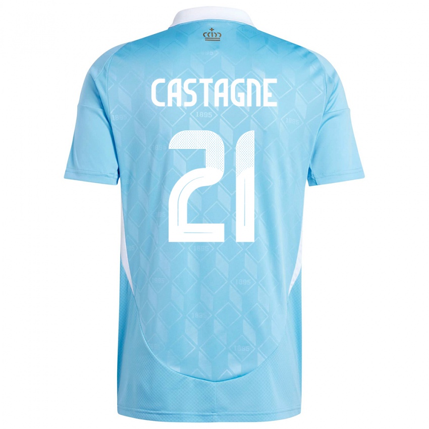 Női Belgium Timothy Castagne #21 Kék Idegenbeli Jersey 24-26 Mez Póló Ing