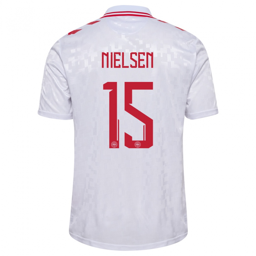 Női Dánia Villads Nielsen #15 Fehér Idegenbeli Jersey 24-26 Mez Póló Ing