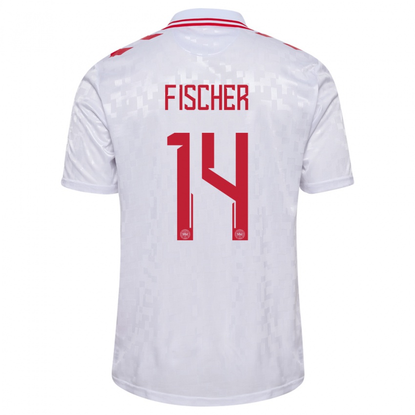 Női Dánia Mikkel Fischer #14 Fehér Idegenbeli Jersey 24-26 Mez Póló Ing