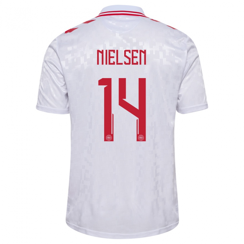 Női Dánia Julius Nielsen #14 Fehér Idegenbeli Jersey 24-26 Mez Póló Ing