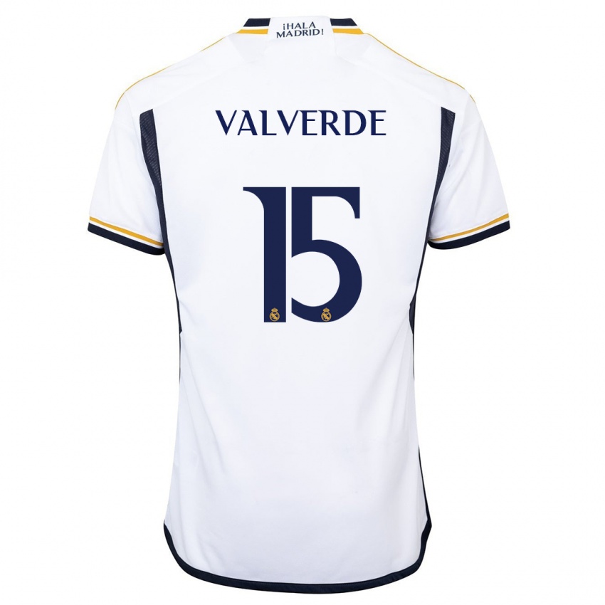 Gyermek Federico Valverde #15 Fehér Hazai Jersey 2023/24 Mez Póló Ing