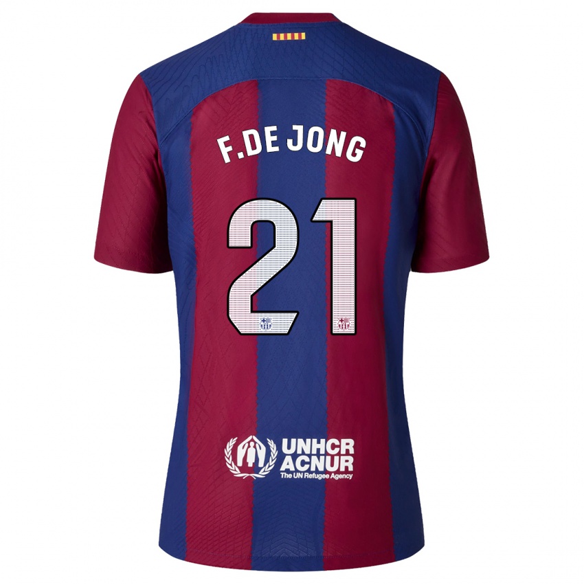 Gyermek Frenkie De Jong #21 Piros Kék Hazai Jersey 2023/24 Mez Póló Ing