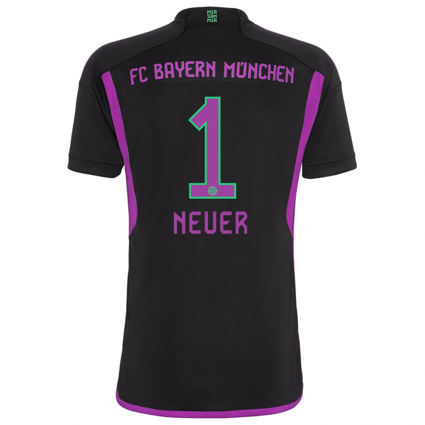 Gyermek Manuel Neuer #1 Fekete Idegenbeli Jersey 2023/24 Mez Póló Ing