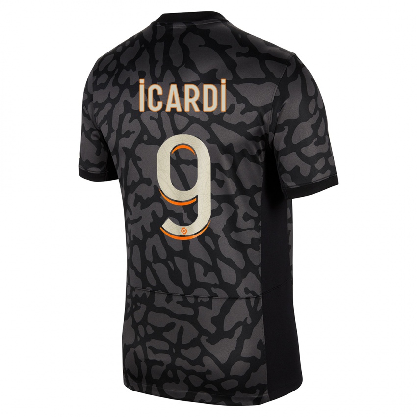 Gyermek Mauro Icardi #9 Fekete Harmadik Számú Jersey 2023/24 Mez Póló Ing