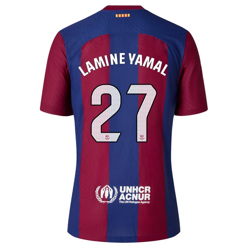 Férfi Lamine Yamal #27 Piros Kék Hazai Jersey 2023/24 Mez Póló Ing