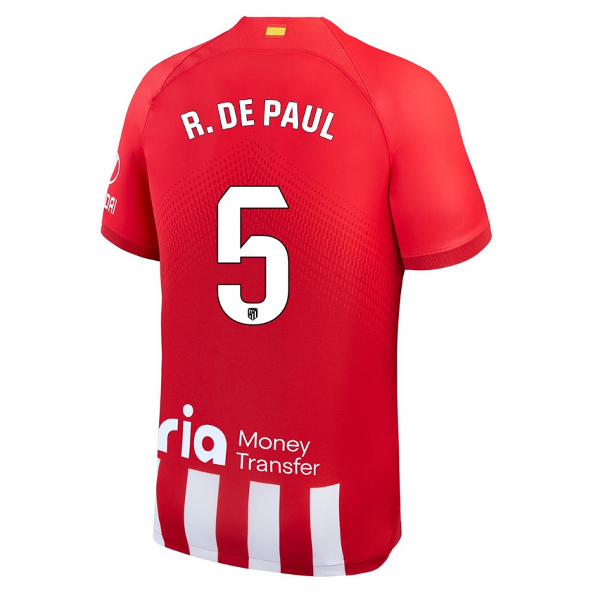 Férfi Rodrigo De Paul #5 Piros Fehér Hazai Jersey 2023/24 Mez Póló Ing