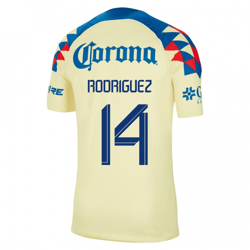 Férfi Monica Rodriguez #14 Sárga Hazai Jersey 2023/24 Mez Póló Ing