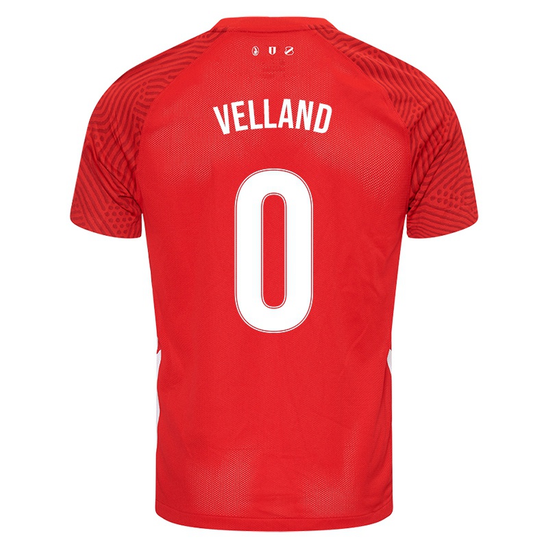 Férfi Elijah Velland #0 Piros Hazai Jersey 2021/22 Mez Póló Ing