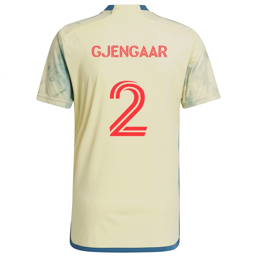 Gyermek Dennis Gjengaar #2 Sárga Piros Kék Hazai Jersey 2024/25 Mez Póló Ing