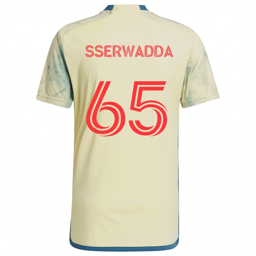 Gyermek Steven Sserwadda #65 Sárga Piros Kék Hazai Jersey 2024/25 Mez Póló Ing