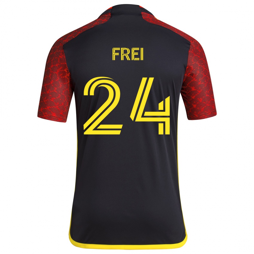 Gyermek Stefan Frei #24 Piros Fekete Idegenbeli Jersey 2024/25 Mez Póló Ing