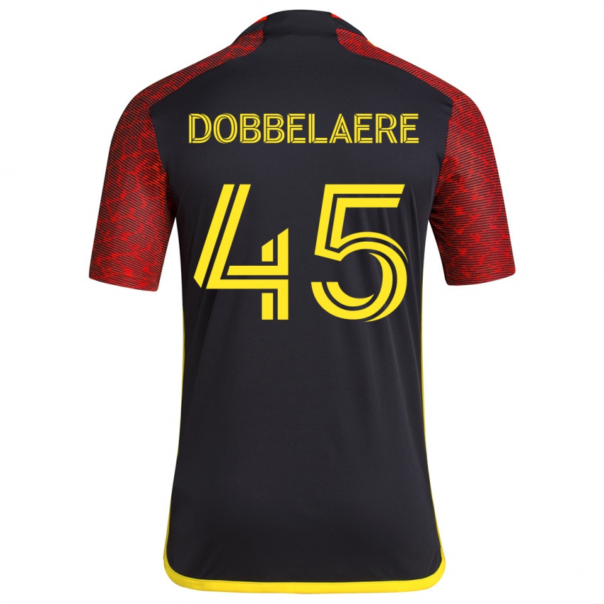 Gyermek Ethan Dobbelaere #45 Piros Fekete Idegenbeli Jersey 2024/25 Mez Póló Ing