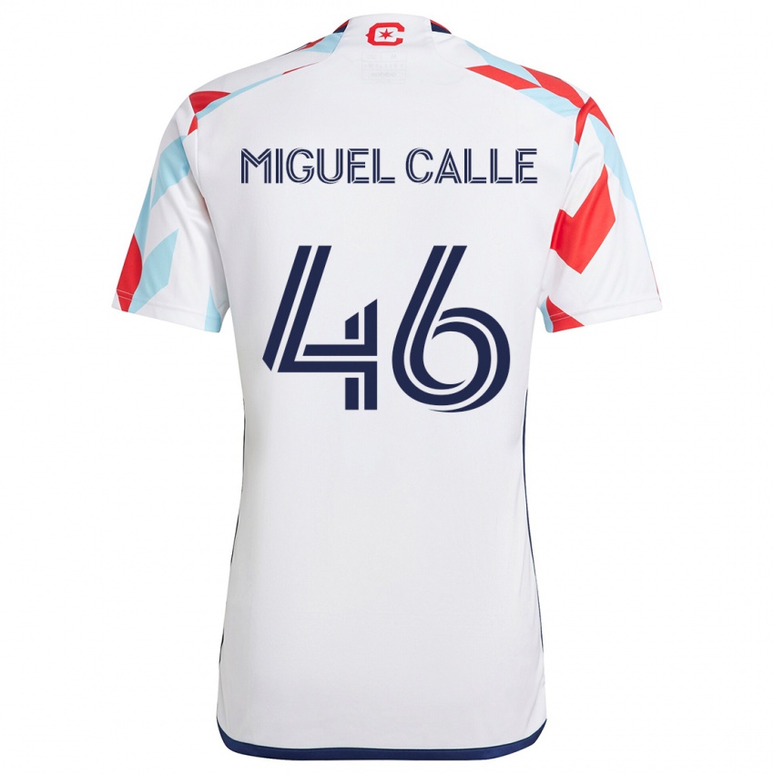 Gyermek Juan Miguel Calle #46 Fehér Piros Kék Idegenbeli Jersey 2024/25 Mez Póló Ing