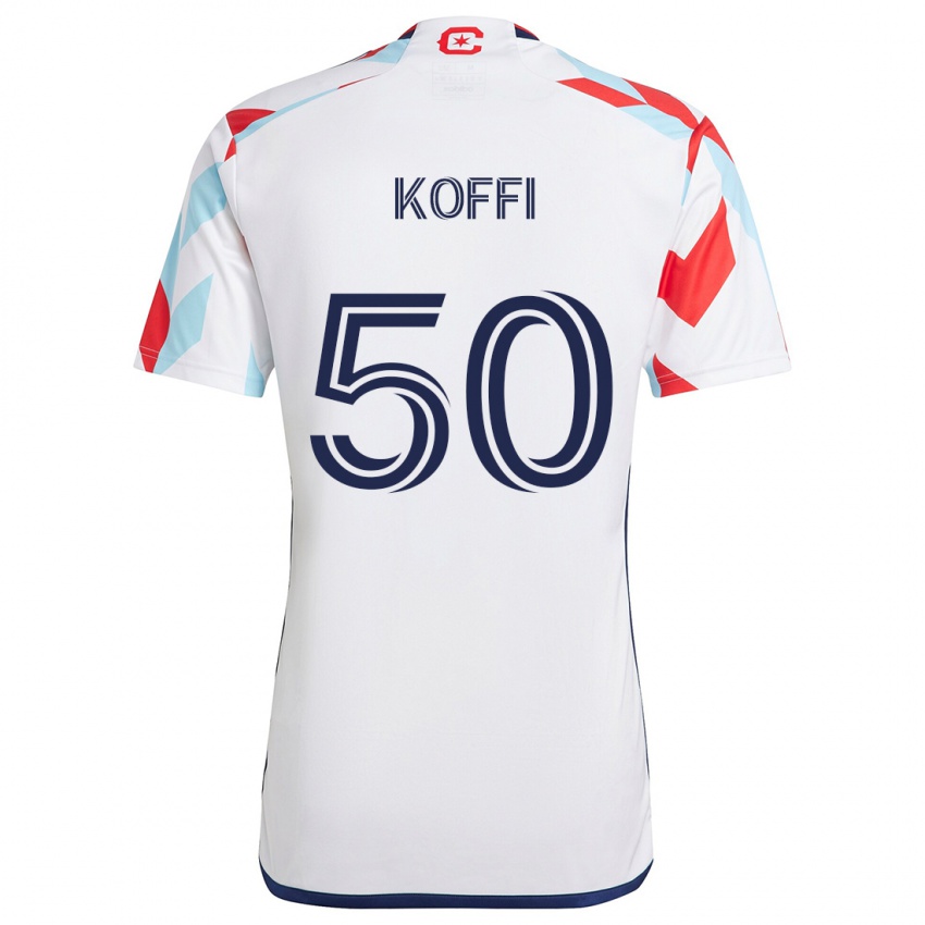 Gyermek Christian Koffi #50 Fehér Piros Kék Idegenbeli Jersey 2024/25 Mez Póló Ing