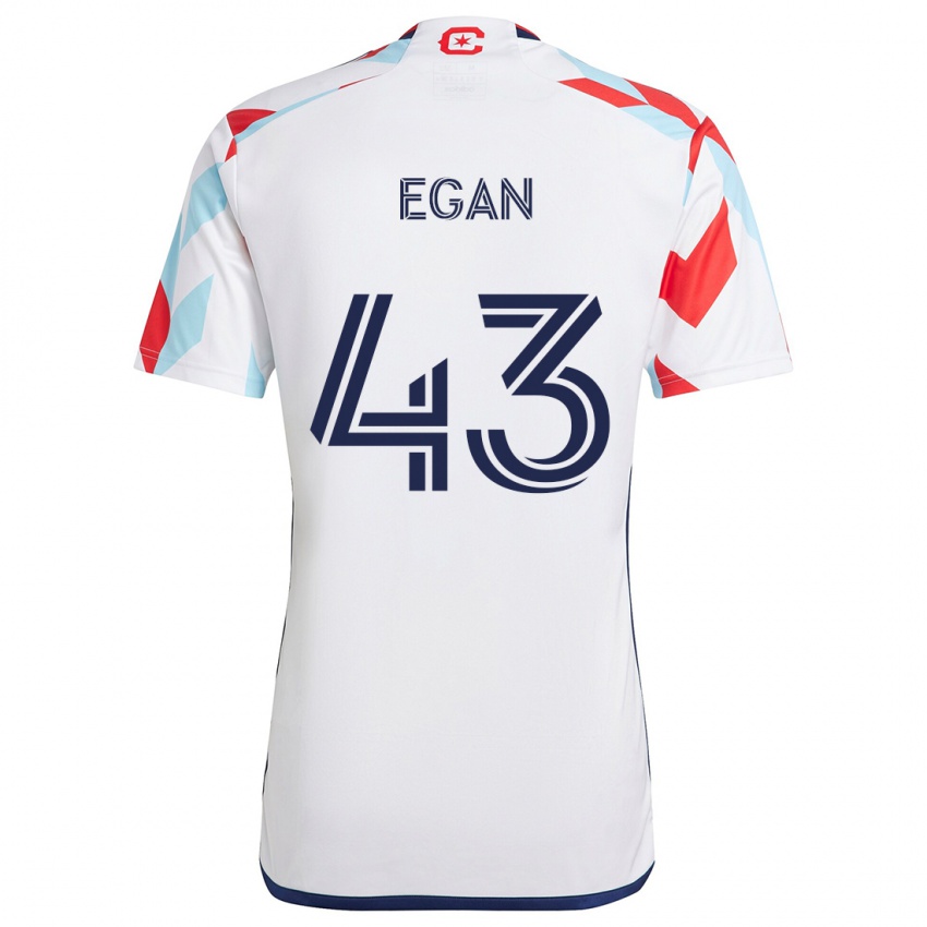 Gyermek Noah Egan #43 Fehér Piros Kék Idegenbeli Jersey 2024/25 Mez Póló Ing