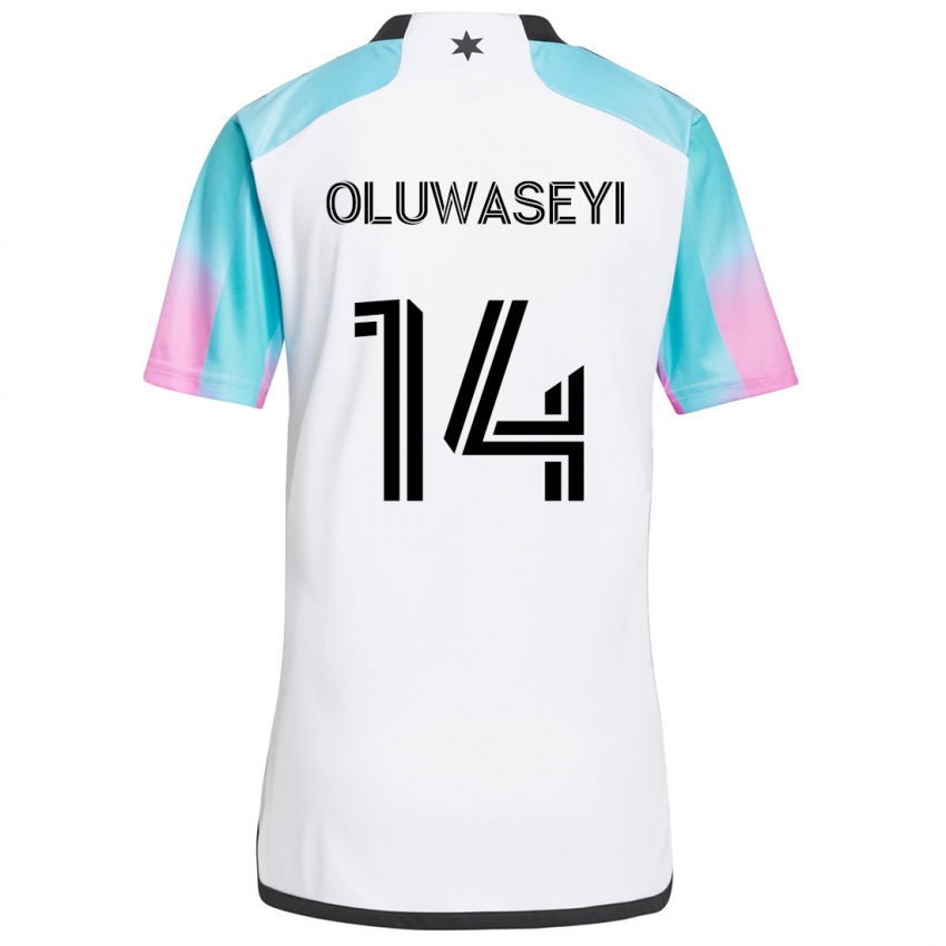 Gyermek Tani Oluwaseyi #14 Fehér Kék Fekete Idegenbeli Jersey 2024/25 Mez Póló Ing