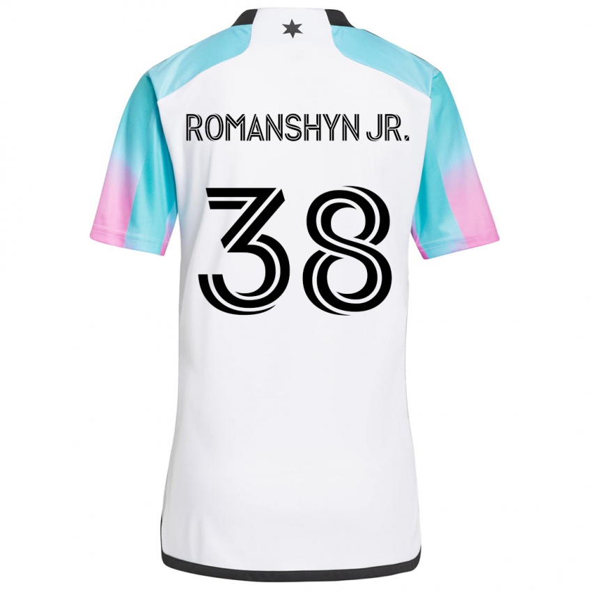 Gyermek Kage Romanshyn Jr. #38 Fehér Kék Fekete Idegenbeli Jersey 2024/25 Mez Póló Ing