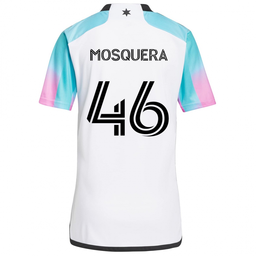 Gyermek Juan Camilo Mosquera #46 Fehér Kék Fekete Idegenbeli Jersey 2024/25 Mez Póló Ing