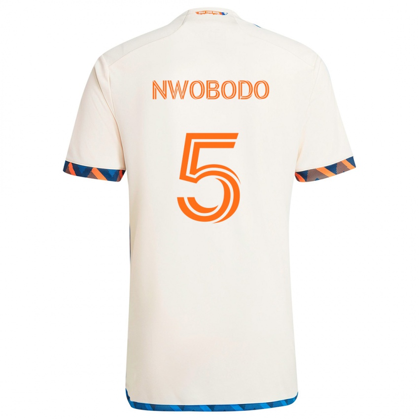 Gyermek Obinna Nwobodo #5 Fehér Narancs Idegenbeli Jersey 2024/25 Mez Póló Ing