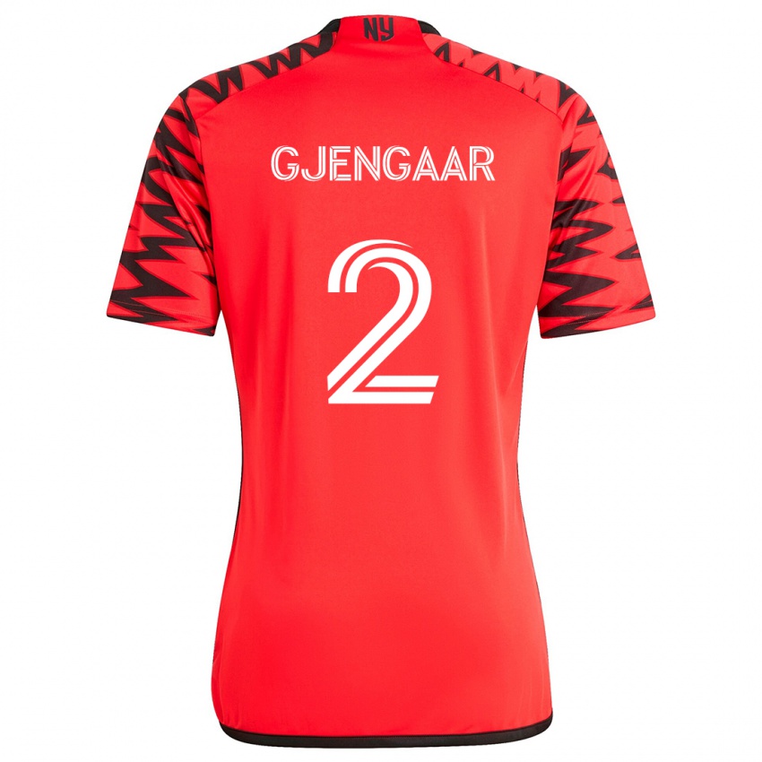 Gyermek Dennis Gjengaar #2 Piros Fekete Fehér Idegenbeli Jersey 2024/25 Mez Póló Ing