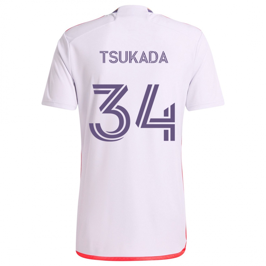 Gyermek Yutaro Tsukada #34 Fehér Piros Lila Idegenbeli Jersey 2024/25 Mez Póló Ing