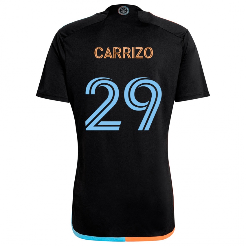 Gyermek Máximo Carrizo #29 Fekete Narancs Kék Idegenbeli Jersey 2024/25 Mez Póló Ing