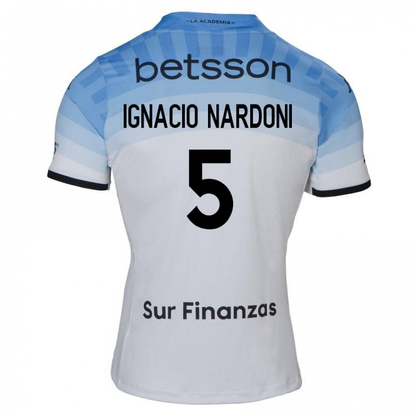 Gyermek Juan Ignacio Nardoni #5 Fehér Kék Fekete Idegenbeli Jersey 2024/25 Mez Póló Ing