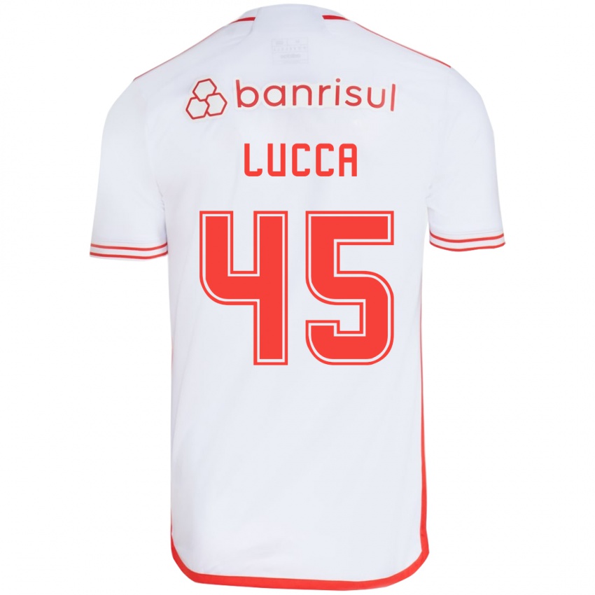 Gyermek Lucca #45 Fehér Piros Idegenbeli Jersey 2024/25 Mez Póló Ing