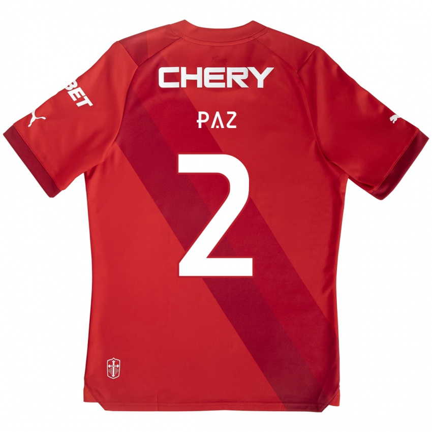 Gyermek Nehuén Paz #2 Piros Fehér Idegenbeli Jersey 2024/25 Mez Póló Ing