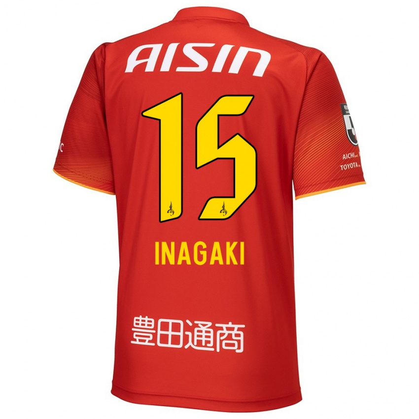 Gyermek Sho Inagaki #15 Piros Fehér Sárga Hazai Jersey 2024/25 Mez Póló Ing