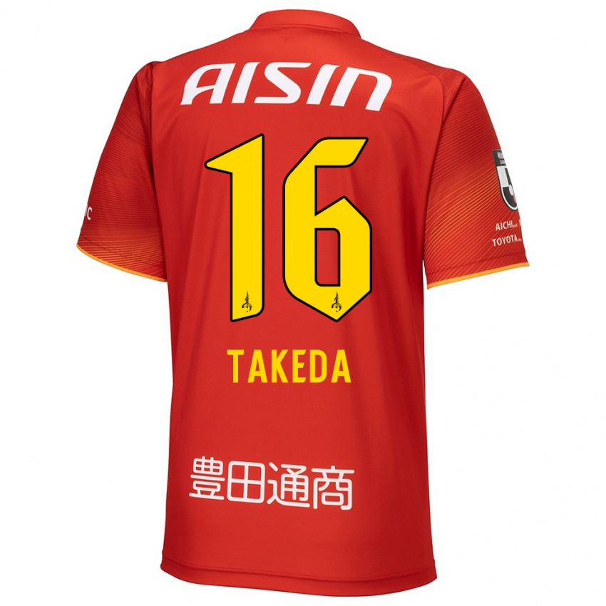 Gyermek Yohei Takeda #16 Piros Fehér Sárga Hazai Jersey 2024/25 Mez Póló Ing