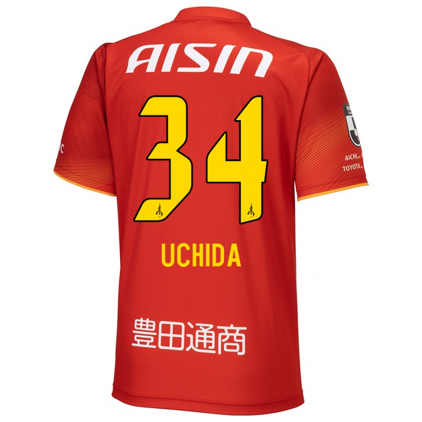 Gyermek Takuya Uchida #34 Piros Fehér Sárga Hazai Jersey 2024/25 Mez Póló Ing