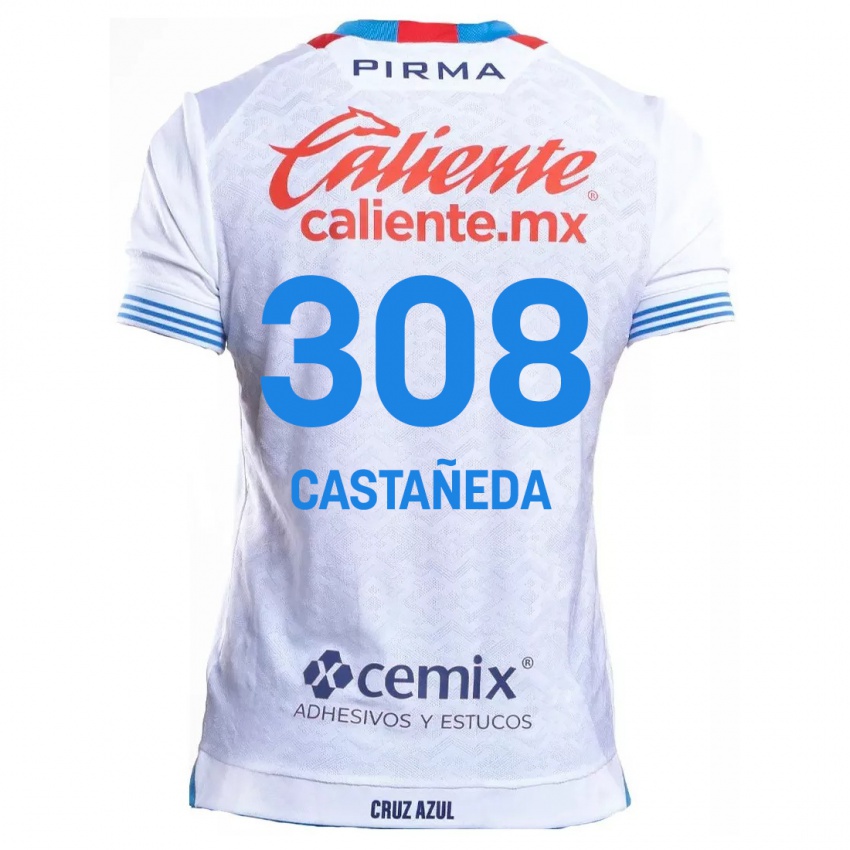 Gyermek Emiliano Castañeda #308 Fehér Kék Idegenbeli Jersey 2024/25 Mez Póló Ing