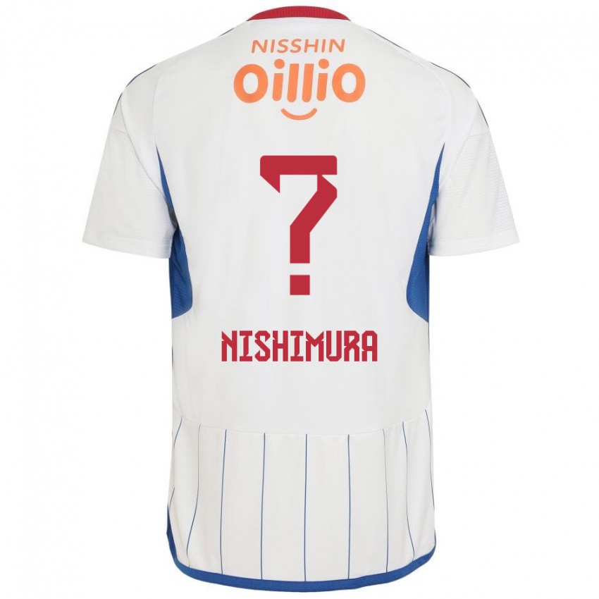 Gyermek Takuma Nishimura #0 Fehér Kék Piros Idegenbeli Jersey 2024/25 Mez Póló Ing