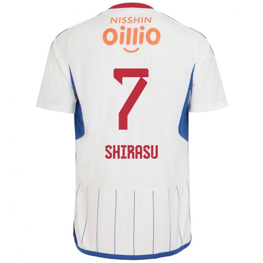 Gyermek Kento Shirasu #7 Fehér Kék Piros Idegenbeli Jersey 2024/25 Mez Póló Ing