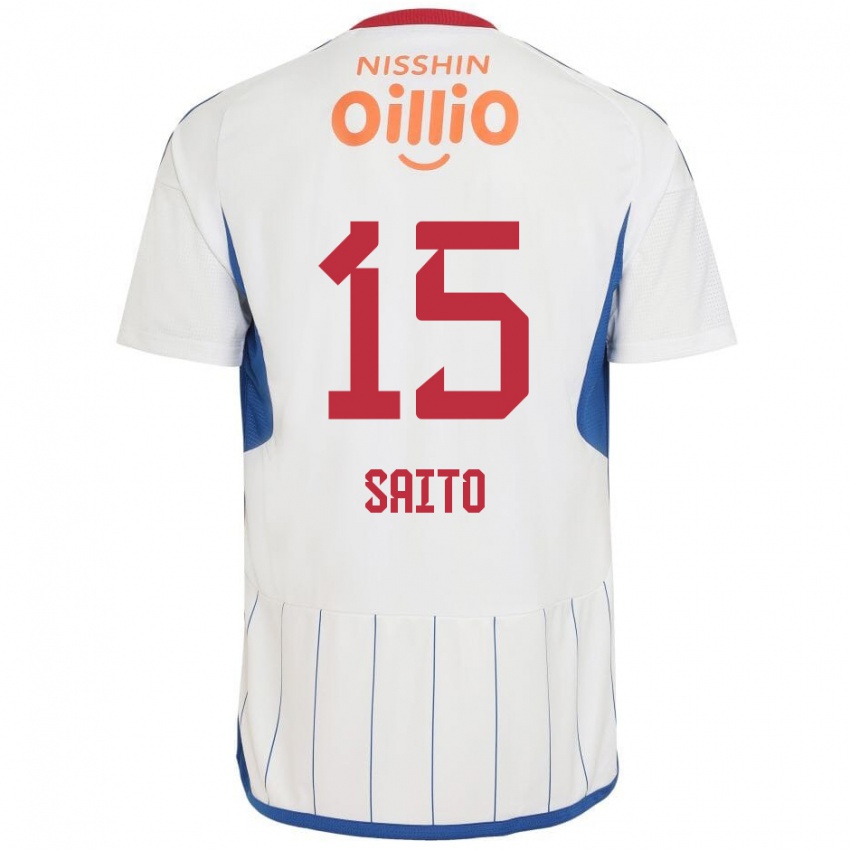 Gyermek Haru Saito #15 Fehér Kék Piros Idegenbeli Jersey 2024/25 Mez Póló Ing