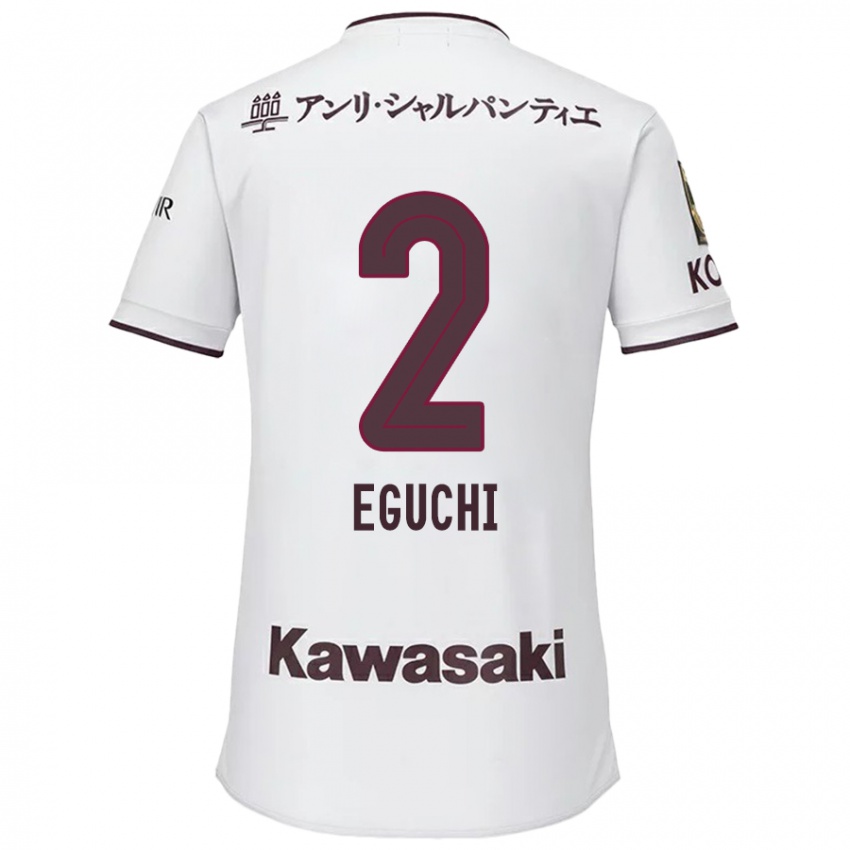 Gyermek Takuma Eguchi #2 Fehér Piros Idegenbeli Jersey 2024/25 Mez Póló Ing