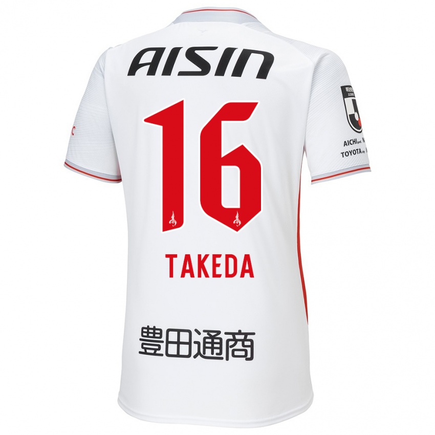 Gyermek Yohei Takeda #16 Fehér Sárga Piros Idegenbeli Jersey 2024/25 Mez Póló Ing