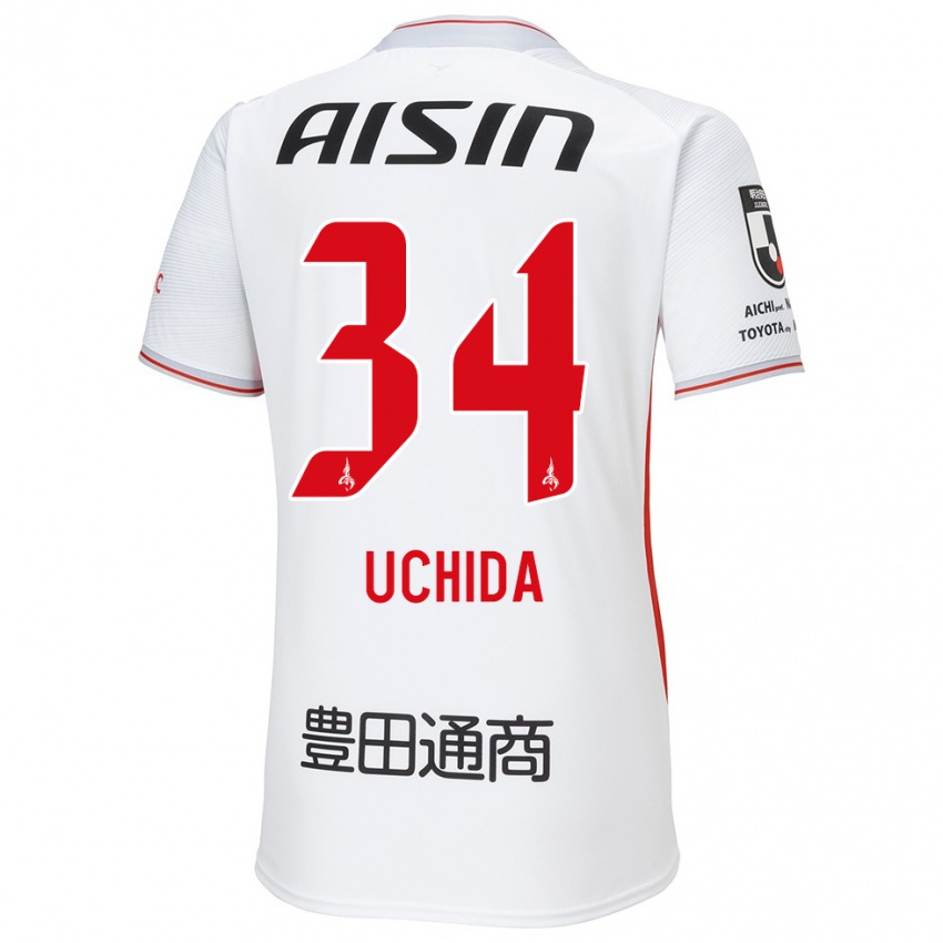 Gyermek Takuya Uchida #34 Fehér Sárga Piros Idegenbeli Jersey 2024/25 Mez Póló Ing