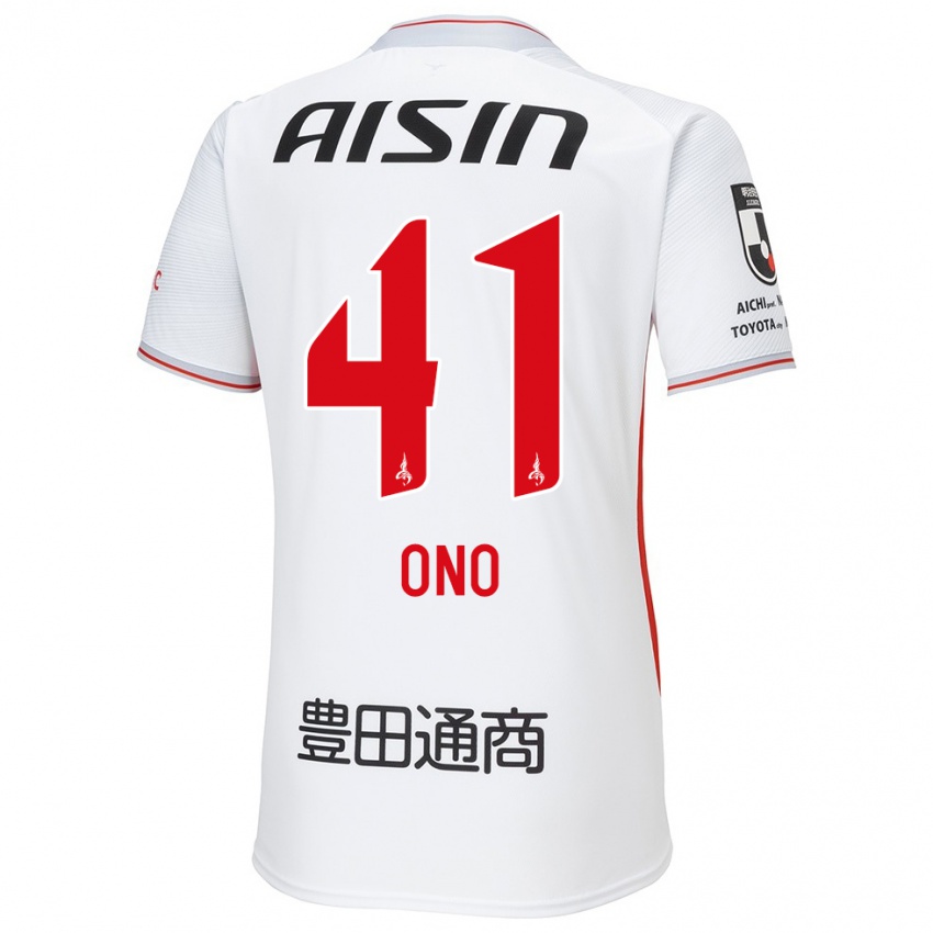 Gyermek Masahito Ono #41 Fehér Sárga Piros Idegenbeli Jersey 2024/25 Mez Póló Ing