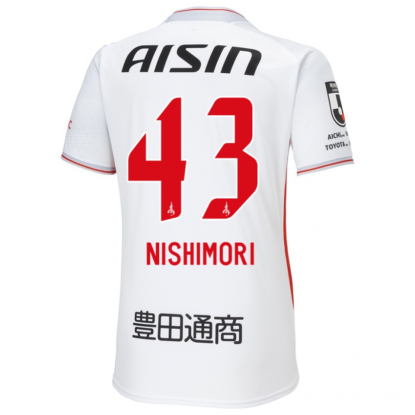 Gyermek Yuto Nishimori #43 Fehér Sárga Piros Idegenbeli Jersey 2024/25 Mez Póló Ing