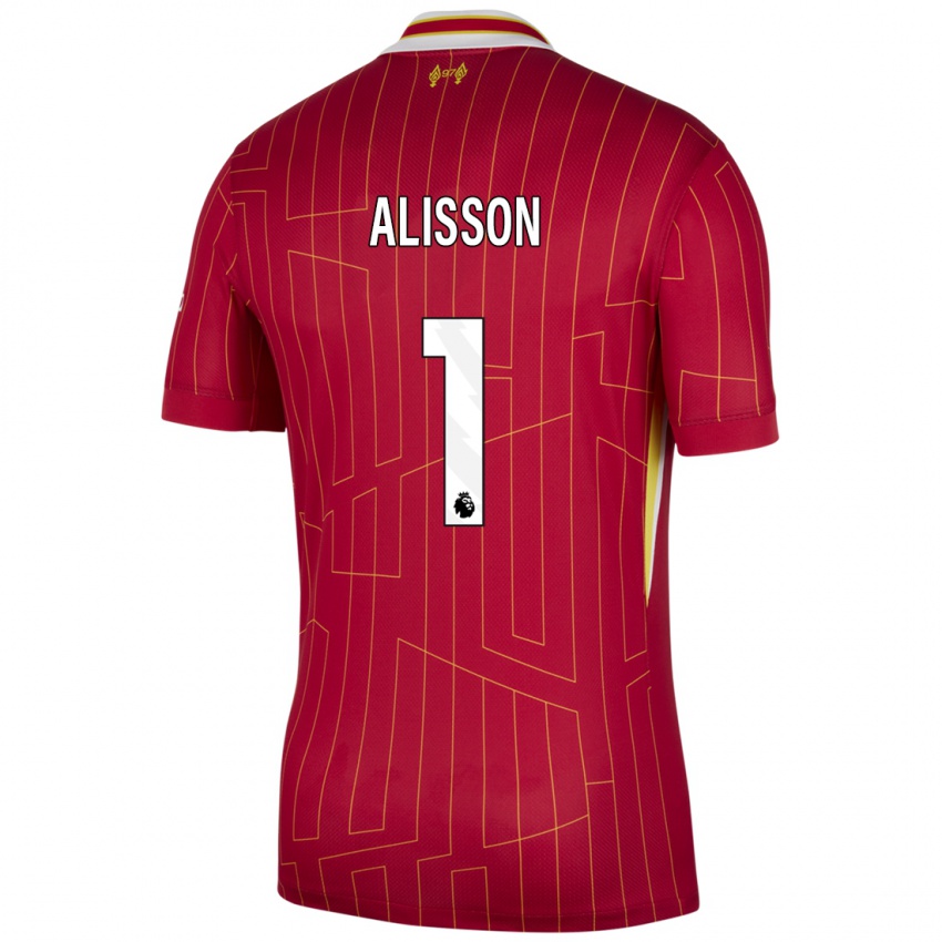 Gyermek Alisson #1 Piros Sárga Fehér Hazai Jersey 2024/25 Mez Póló Ing