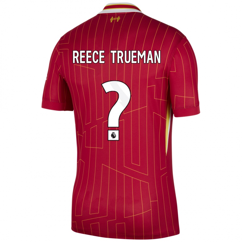 Gyermek Reece Trueman #0 Piros Sárga Fehér Hazai Jersey 2024/25 Mez Póló Ing