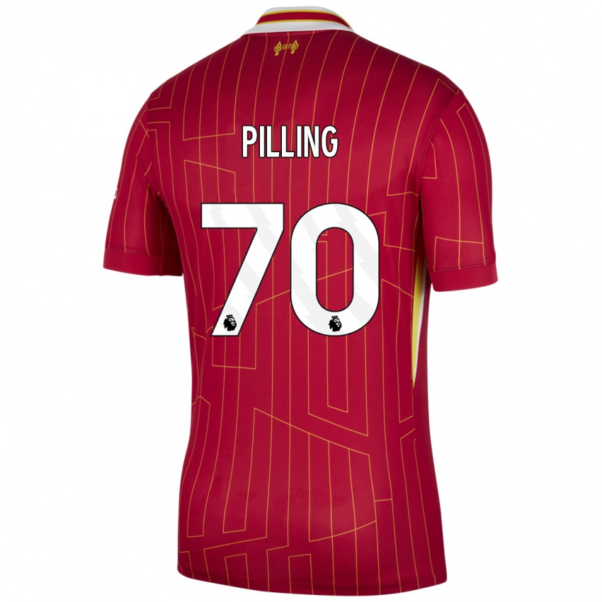 Gyermek Tommy Pilling #70 Piros Sárga Fehér Hazai Jersey 2024/25 Mez Póló Ing