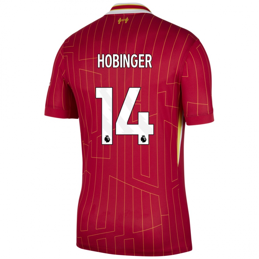 Gyermek Marie Höbinger #14 Piros Sárga Fehér Hazai Jersey 2024/25 Mez Póló Ing