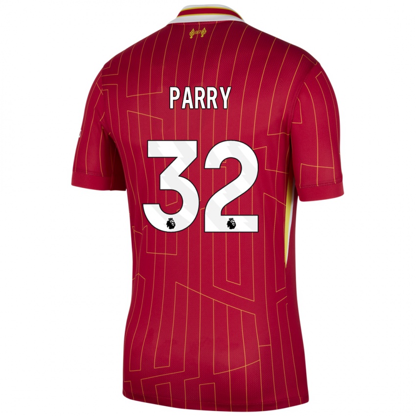 Gyermek Lucy Parry #32 Piros Sárga Fehér Hazai Jersey 2024/25 Mez Póló Ing