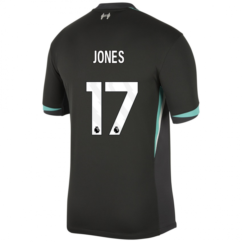 Gyermek Curtis Jones #17 Fekete Antracit Fehér Idegenbeli Jersey 2024/25 Mez Póló Ing