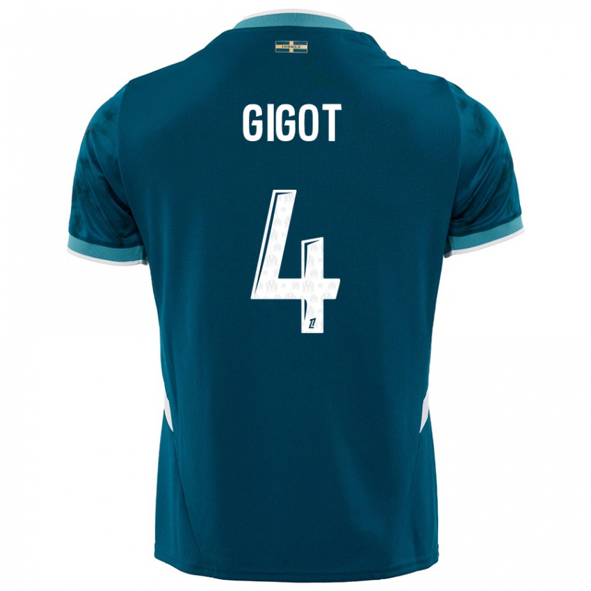 Gyermek Samuel Gigot #4 Türkizkék Idegenbeli Jersey 2024/25 Mez Póló Ing