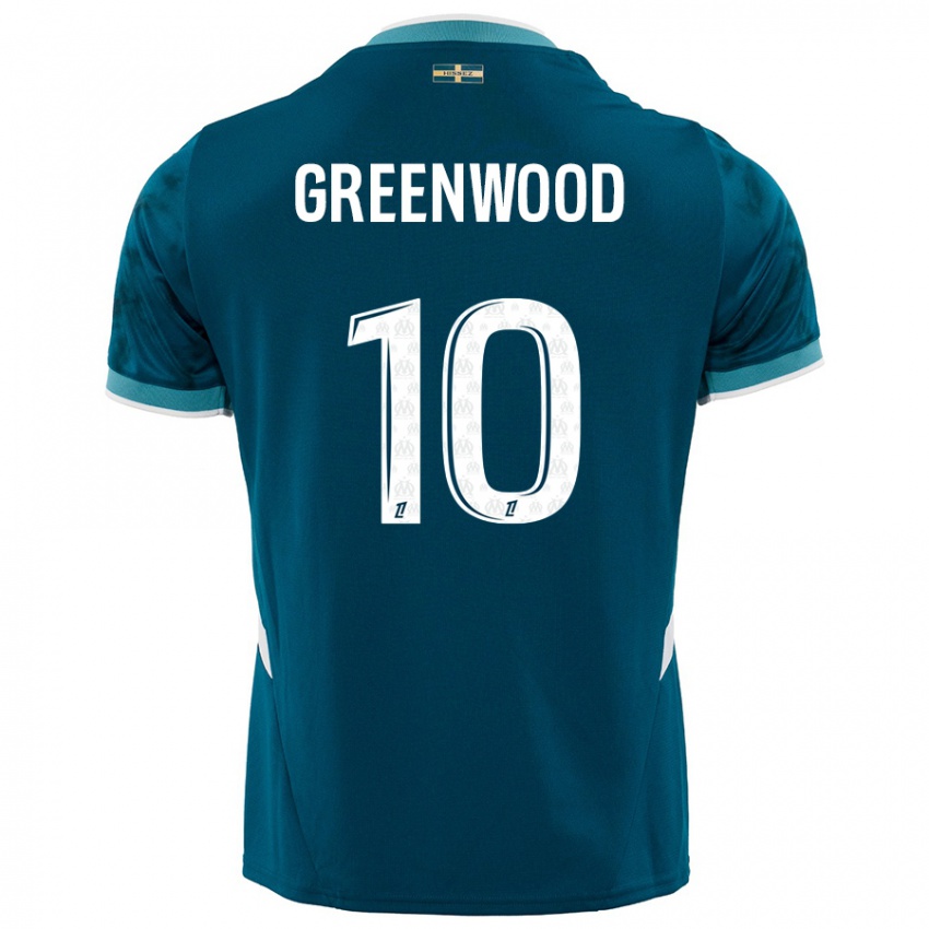 Gyermek Mason Greenwood #10 Türkizkék Idegenbeli Jersey 2024/25 Mez Póló Ing